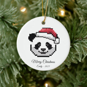 Cute Pixel Art Panda Bear Santa Hat Christmas Gift Ceramic Ornament