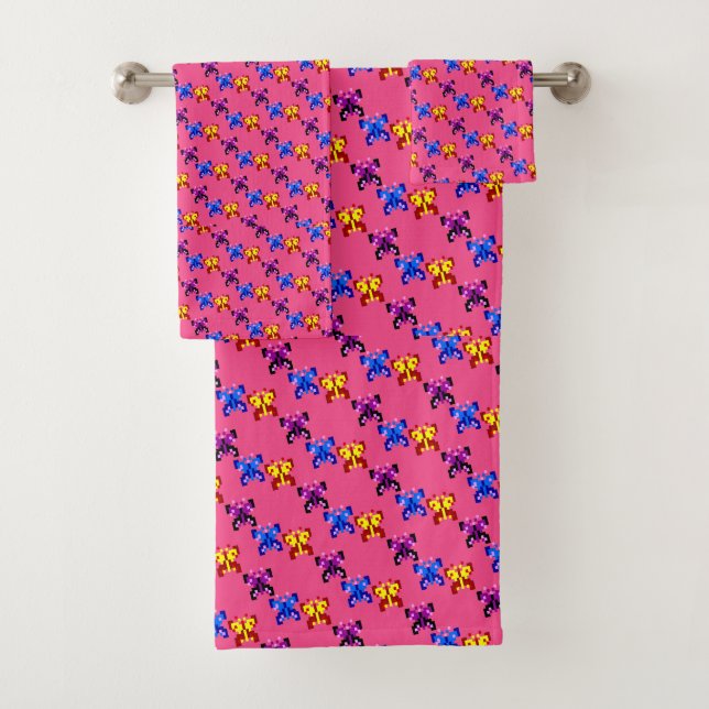 Cute Pixel Butterfly Pattern Hot Pink Background Bath Towel Set (Insitu)