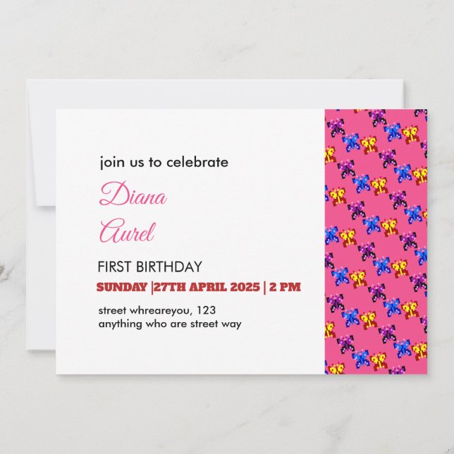 Cute Pixel Butterfly Pattern Hot Pink Background Invitation (Back)