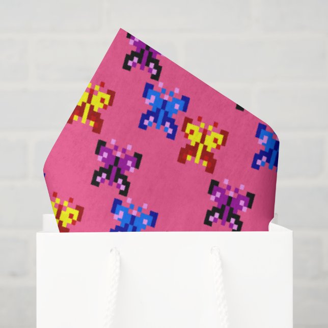 Cute Pixel Butterfly Pattern Hot Pink Background Tissue Paper (Gift Bag)