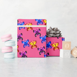 Cute Pixel Butterfly Pattern Hot Pink Background Wrapping Paper