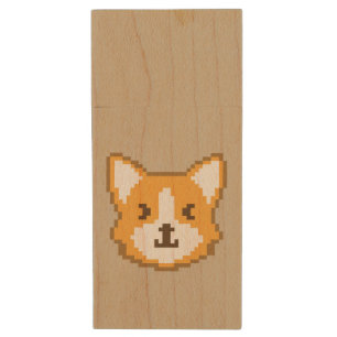 Cute pixeled dog face wood flash drive