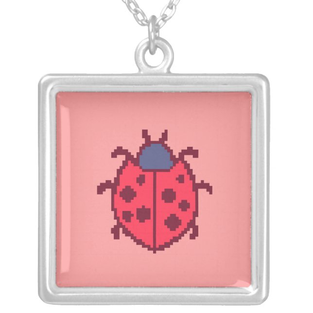 Cute pixeled ladybug insect  throw pillow silver plated necklace (Front)