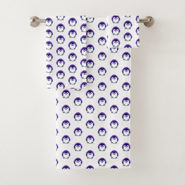 Cute pixeled penguin baby throw pillow bath towel set (Insitu)