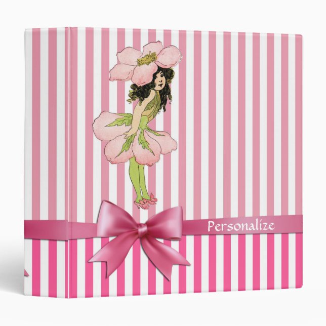 Cute Pixie Fairy Pink White Stripes Girly Name 3 Ring Binder (Front/Spine)