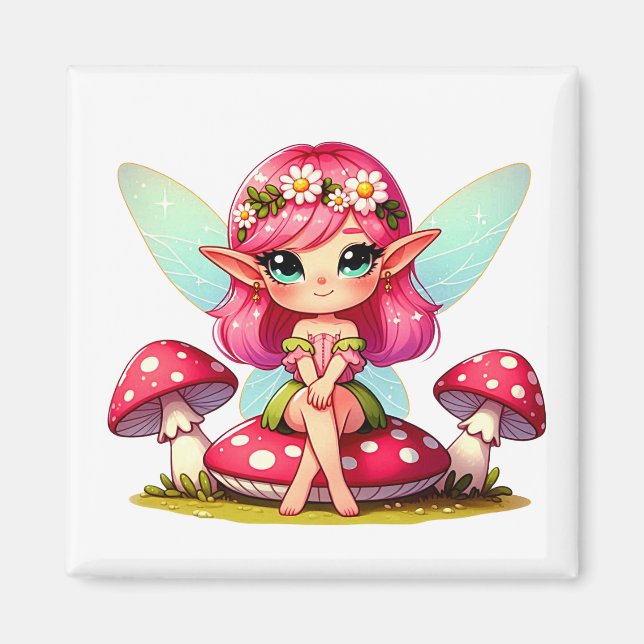 Cute pixie sitting on a toadstool magnet (Front)