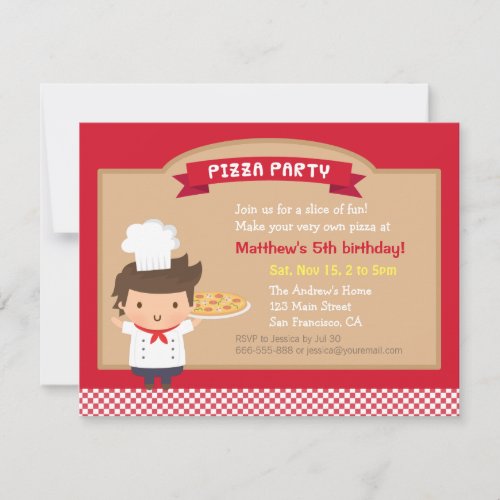 Cute Pizza Chef Boy Birthday Party Invitations