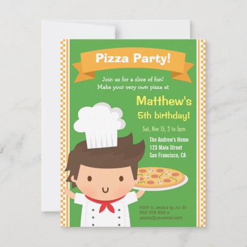 Cute Pizza Chef Boy Kids Birthday Party Invitation