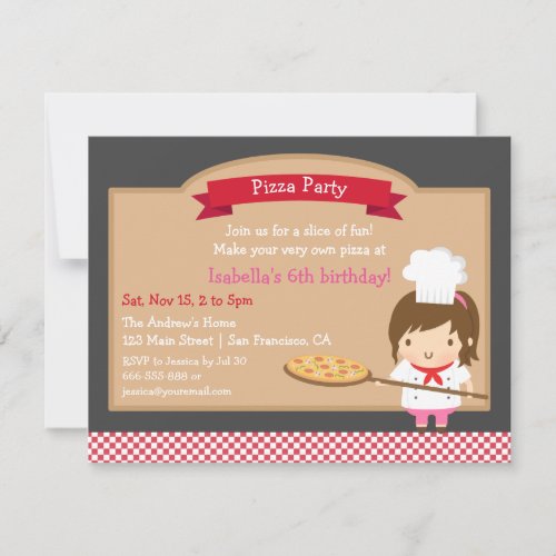 Cute Pizza Chef Girl Birthday Party Custom Invitation