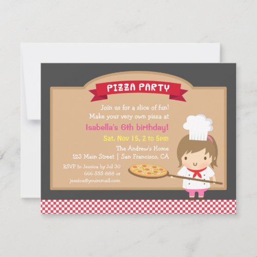 Cute Pizza Chef Girl Birthday Party Invitations