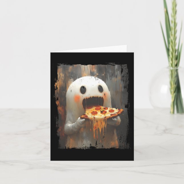 Cute Pizza Ghost Eating Pizza Funny Halloween Food Card (Front)