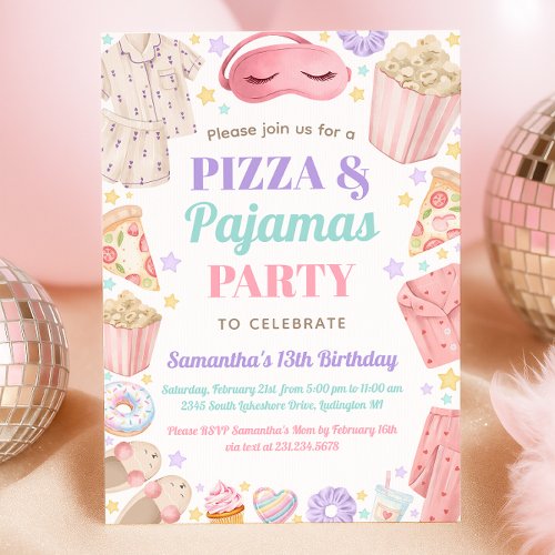 Cute Pizza & Pajamas Slumber Party Girl Birthday