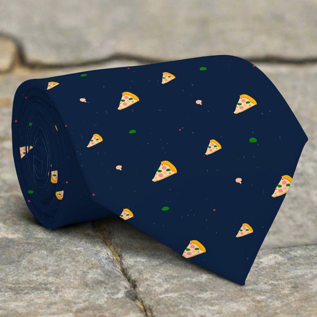 Cute Pizza Pattern Dark Blue Background Cartoon Neck Tie (Creator Uploaded)
