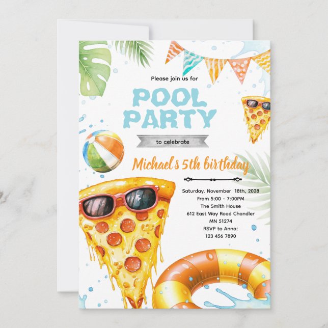 Cute pizza pool party theme invitation (Front)