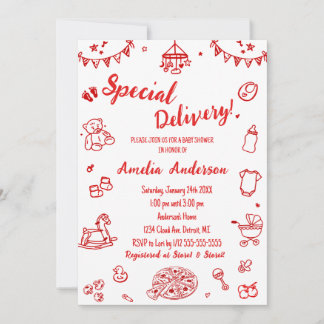 Cute Pizza Special Delivery Doodle Baby Shower Invitation