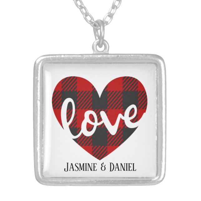 cute plaid add name heart love Valentine Silver Plated Necklace (Front)