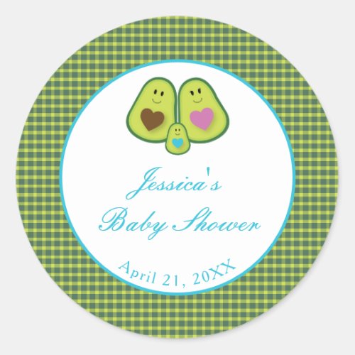 Cute Plaid Avocado Blue Baby Shower Classic Round Sticker