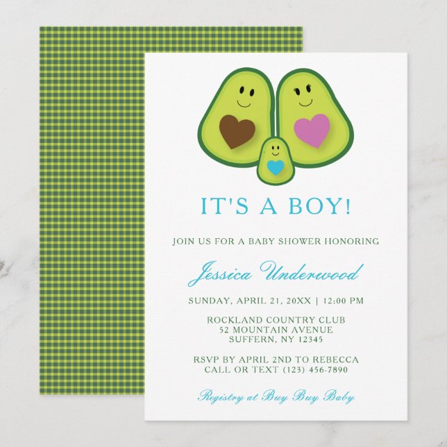 Cute Plaid Avocado Boy Baby Shower Invitation (Front/Back)