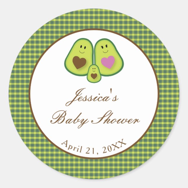 Cute Plaid Avocado Gender Neutral Baby Shower Classic Round Sticker (Front)