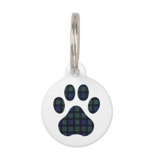 Cute Plaid Dog Paw Print Round Pet Tag