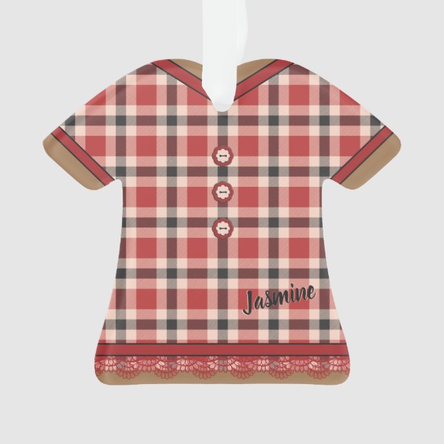Cute Plaid Doll Dress with Lace Custom Ornament (Front)