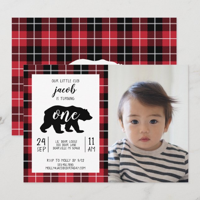 Cute Plaid Flannel Pattern Baby Photo 1st Birthday Invitation (Front/Back)