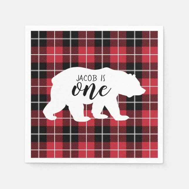 Cute Plaid Flannel Pattern Bear 1st Birthday Party Napkins (Front)