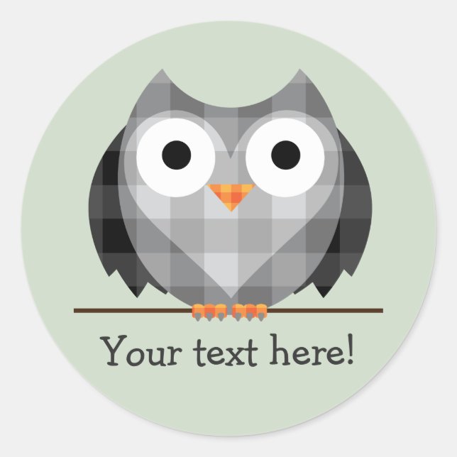 Cute Plaid Gray Horned Owl Illustration Classic Round Sticker (Front)