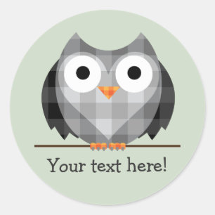 Cute Plaid Gray Horned Owl Illustration Classic Round Sticker