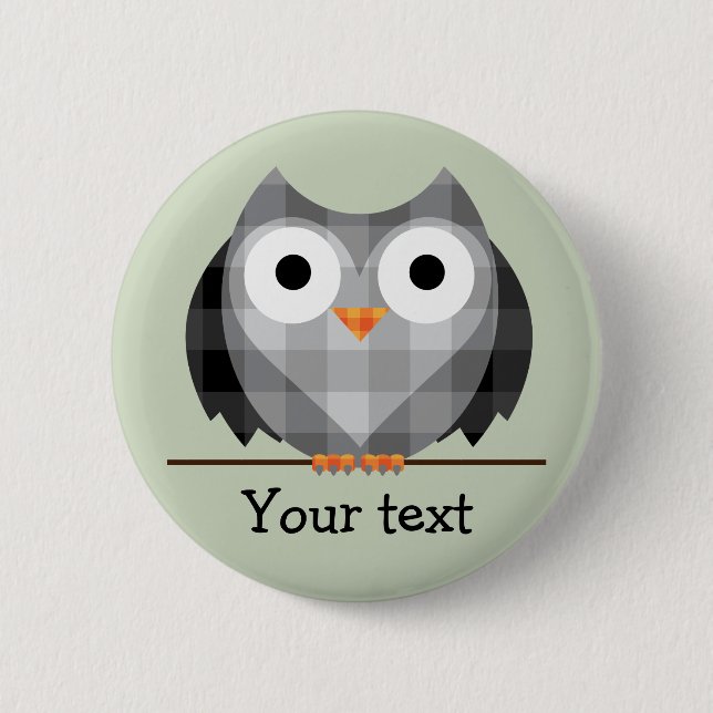 Cute Plaid Gray Horned Owl Illustration Pinback Button (Front)