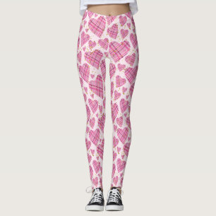 Cute Plaid Hearts Pattern with Faux Gold Glitter Leggings