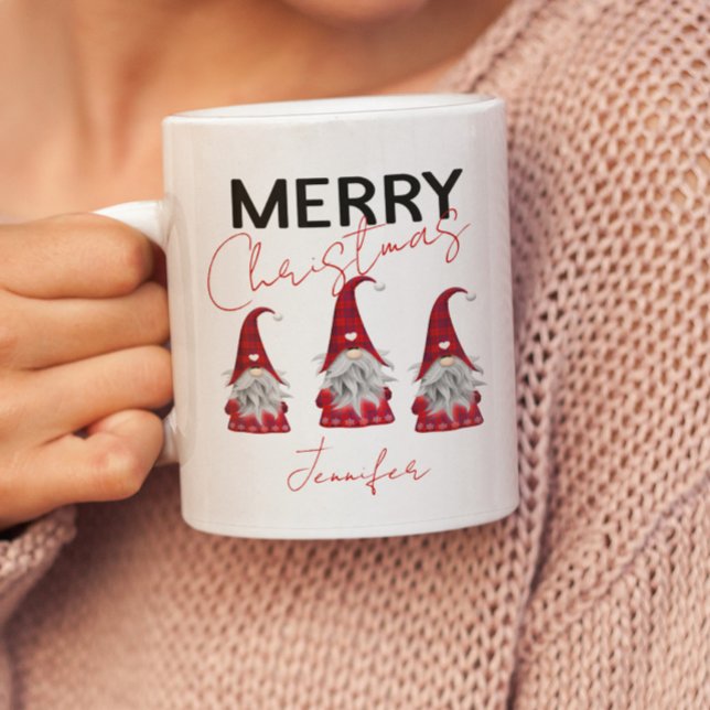 Cute Plaid Merry Christmas Gnomes with Your Name  Two-Tone Coffee Mug (Creator Uploaded)