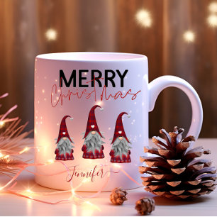 Cute Plaid Merry Christmas Gnomes with Your Name Two-Tone Coffee Mug