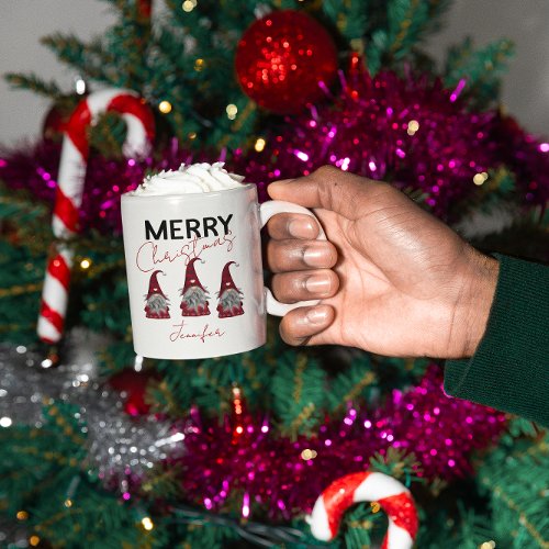 Cute Plaid Merry Christmas Gnomes with Your Name  Two_Tone Coffee Mug