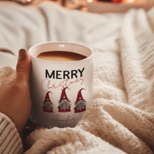 Cute Plaid Merry Christmas Gnomes with Your Name Two-Tone Coffee Mug