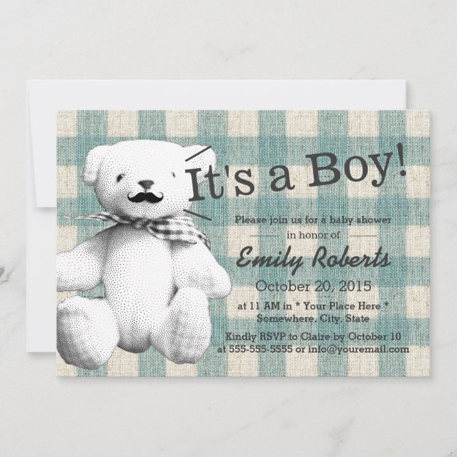 Cute Plaid Mustache Bear Baby Shower Invitation (Front)