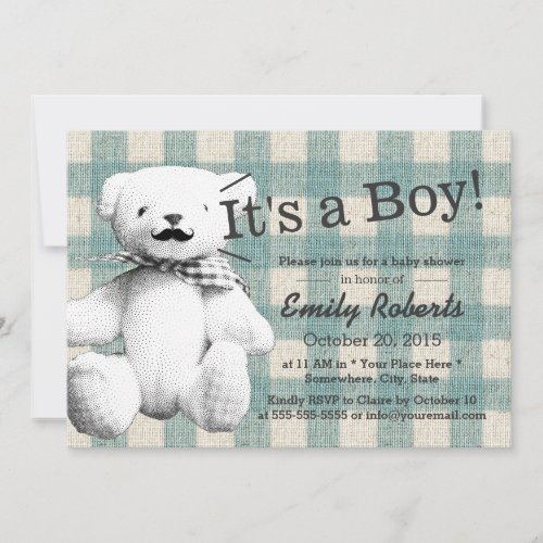 Cute Plaid Mustache Bear Baby Shower 5x7 Paper Invitation Card