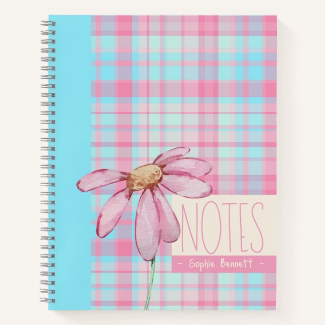 Cute plaid  pastel pink Daisy Notes Notebook  (Front)