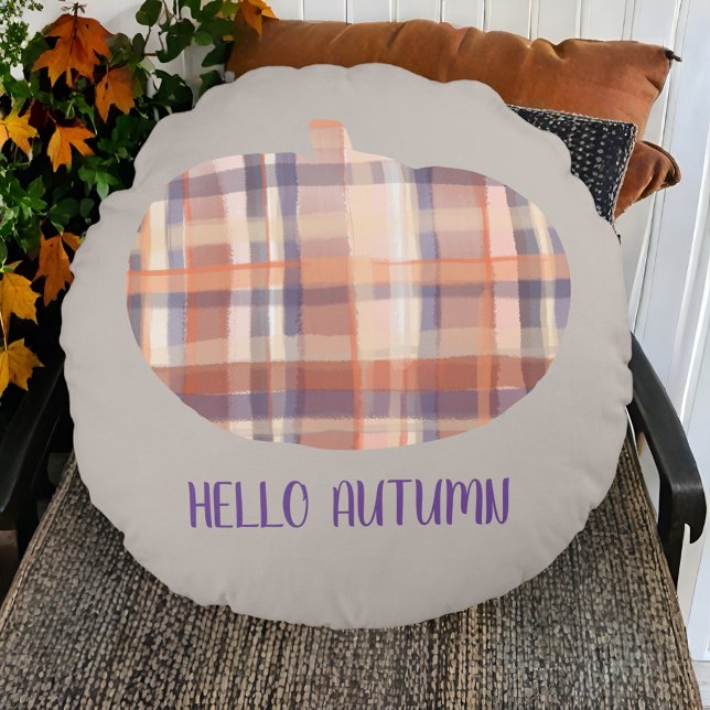 Cute plaid pumpkin fall script tartan gray orange  round pillow (Creator Uploaded)