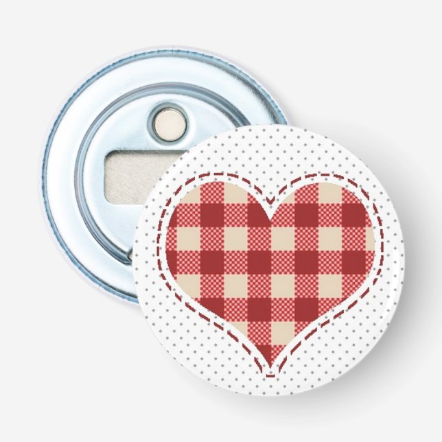 Cute Plaid Red Heart and Dots Bottle Opener (Front)