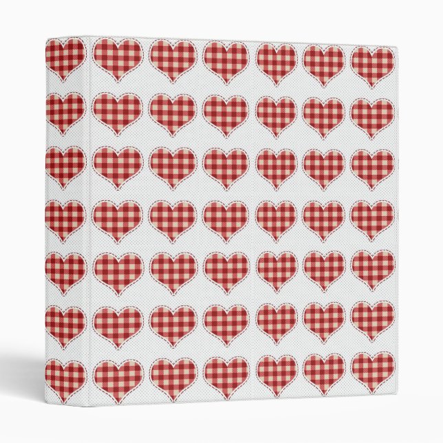 Cute Plaid Red Hearts Dotty Pattern 3 Ring Binder (Front/Spine)