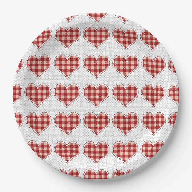 Cute Plaid Red Hearts Dotty Pattern Paper Plates (Front)