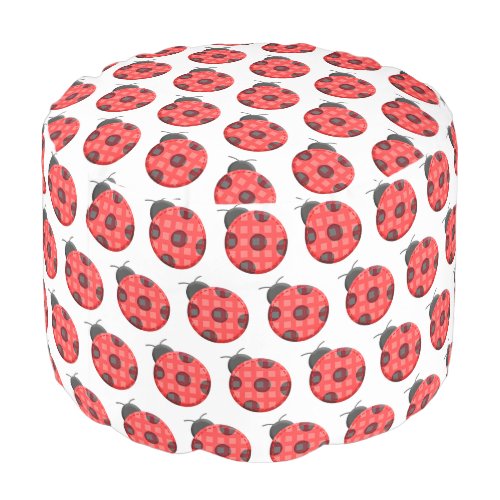 Cute Plaid Red Ladybug Pattern on White Pouf