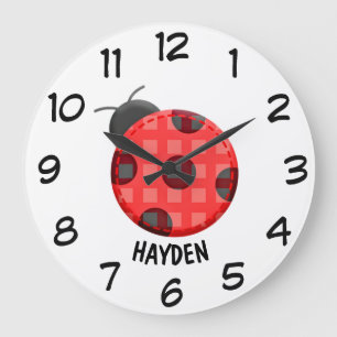 Cute Plaid Red Ladybug Personalised Kids Large Clock