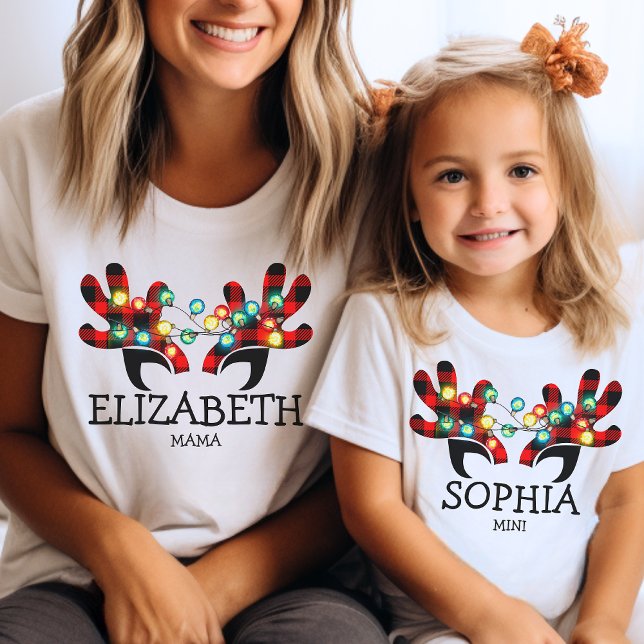 Cute Plaid Reindeer Antlers Lights Name Matching T-Shirt (Creator Uploaded)