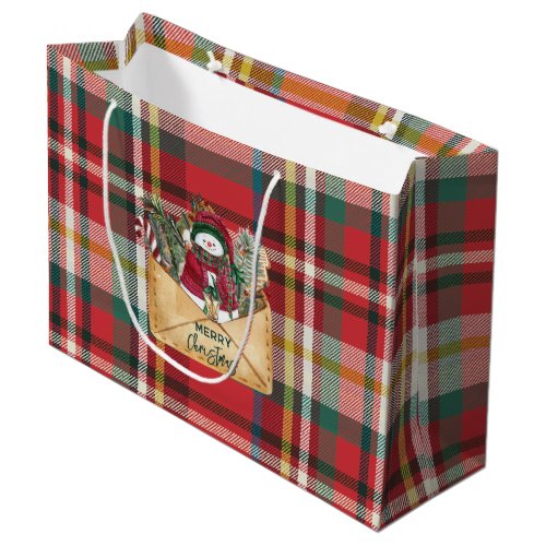 Cute Plaid Rustic Script Christmas Custom Family Large Gift Bag