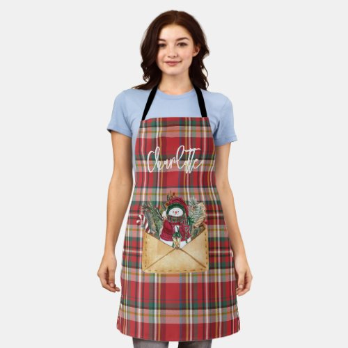 Cute Plaid Rustic Script Christmas Holidays Name Apron