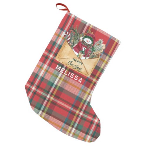 Cute Plaid Rustic Script Holidays Personalized Small Christmas Stocking