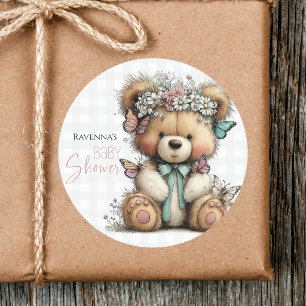 Cute Plaid Teddy Floral Daisy Baby Shower Classic Round Sticker