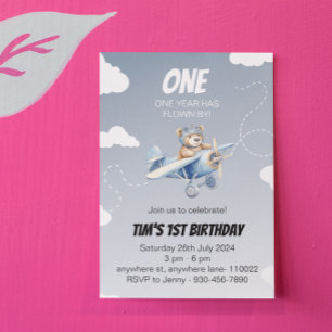 Cute Plane Bear Pilot 1st Birthday Invitation